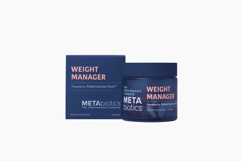 Navy blue METAbiotics Weight Manager dietary supplement jar and box, 30 tablets, powered by Akkermansia MucT