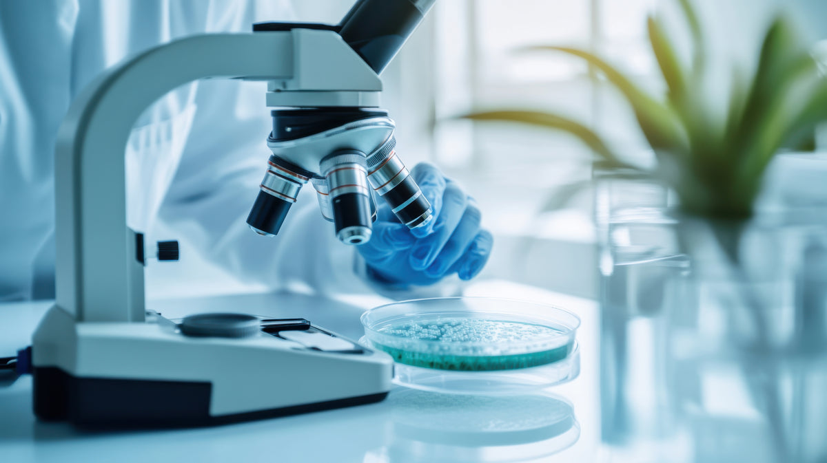 Gloved hand adjusting a microscope over a culture dish in the laboratory