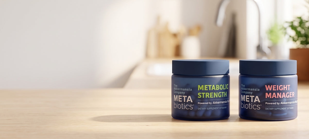 Two METAbiotics jars on a sunlit kitchen counter