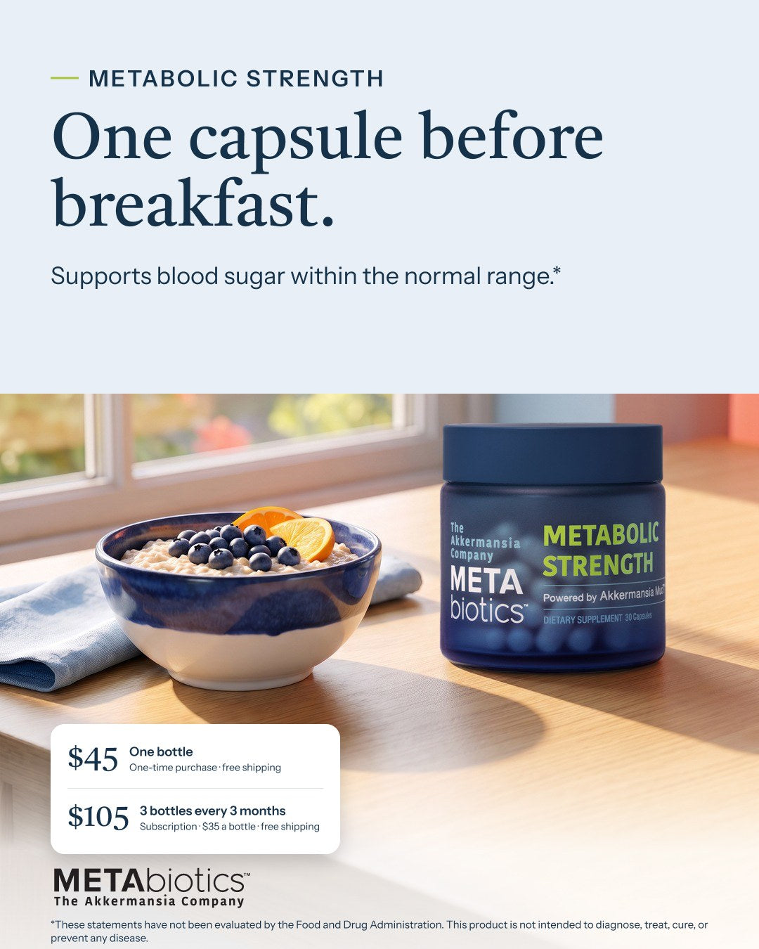 Our ad: One capsule before breakfast. Metabolic Strength